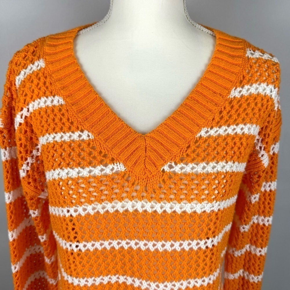 Talbots Open Knit Crochet Tunic Sweater Orange Stripes Cotton Med Pet Beach - Picture 3 of 10
